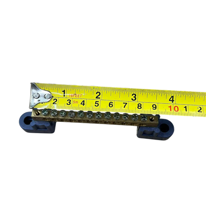 Grippes grounding bus bar 12 hole with attached measuring tape for size reference and installation details
