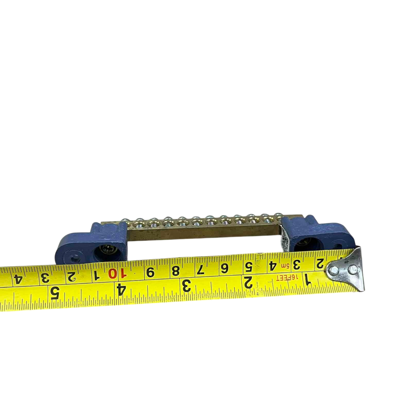 Grippes grounding bus bar 12 hole with measurement tape indicating size and features for electrical installations