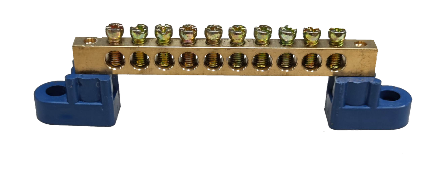 Grippes Grounding Bus Bars 4 Holes with brass bar and blue mounting brackets for electrical circuitry
