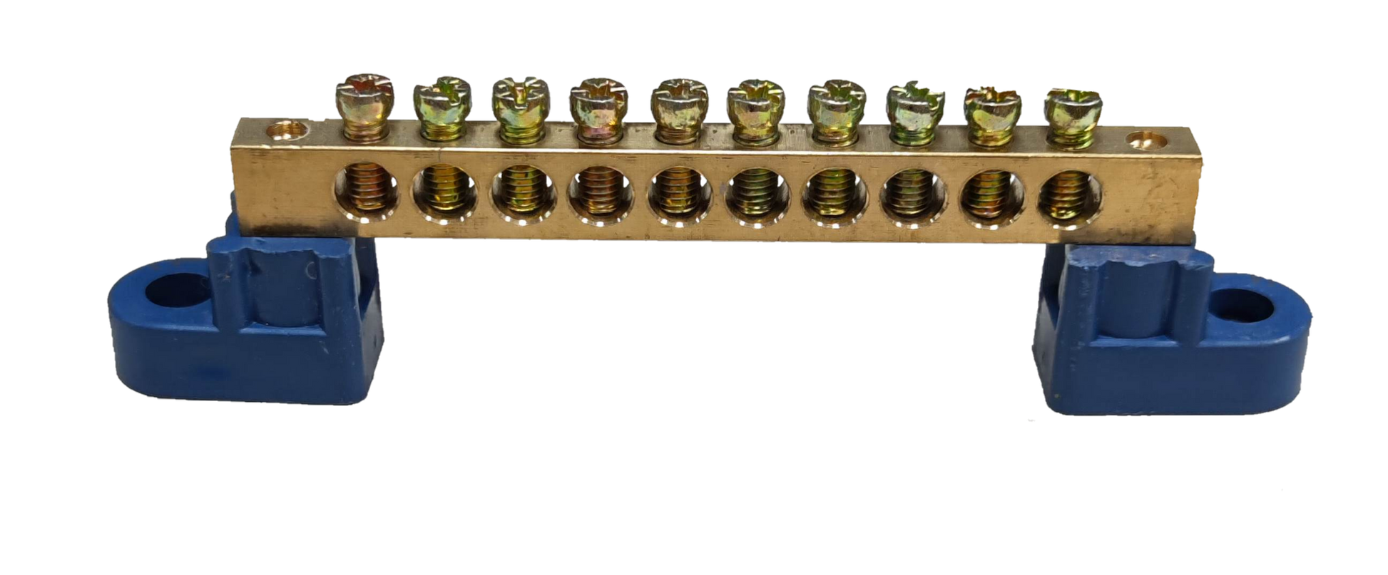 Grippes Grounding Bus Bars 4 Holes with brass bar and blue mounting brackets for electrical circuitry