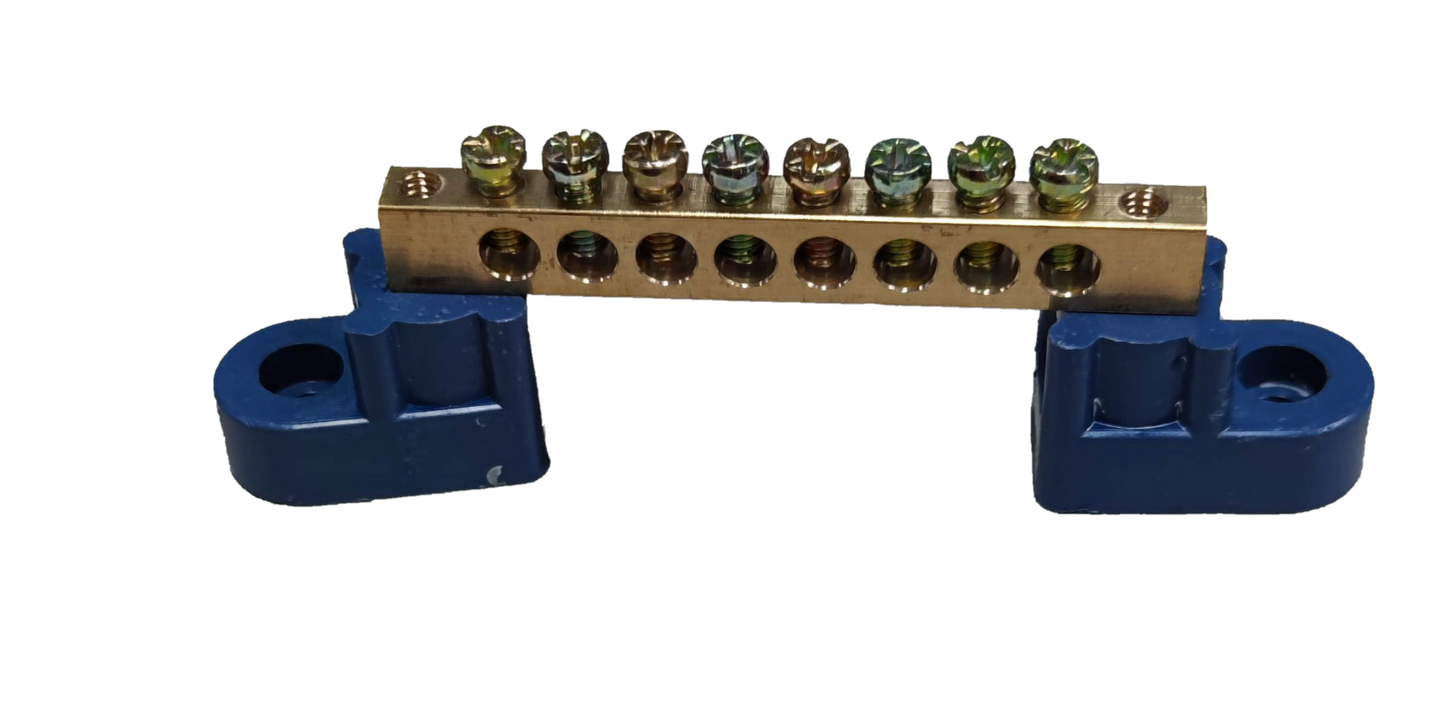 Grippes grounding bus bars 4 holes with brass connector and blue mounting brackets for electrical circuitry