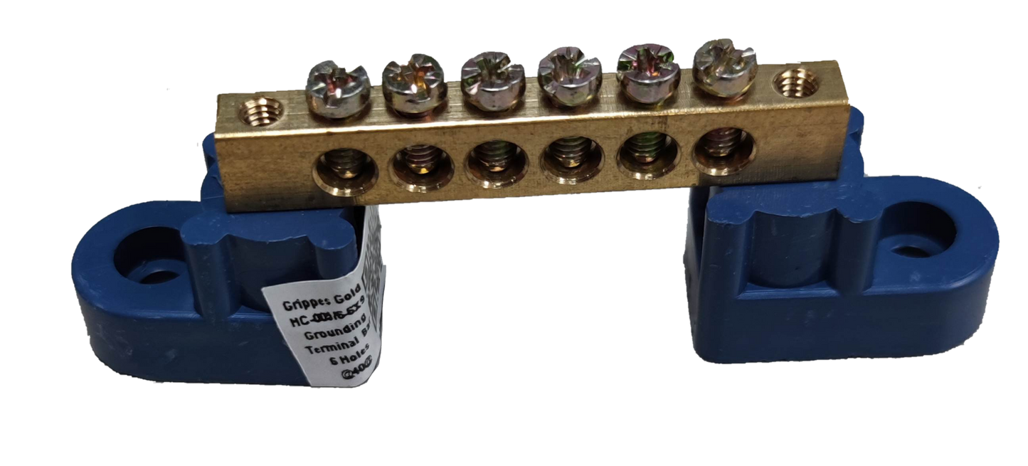 Grippes grounding bus bars 4 holes with blue mounting bases and brass bar for electrical circuitry