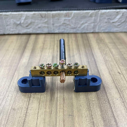 Grippes electrical Grounding Bus Bars 4 Holes with screws and copper wire on blue mounts