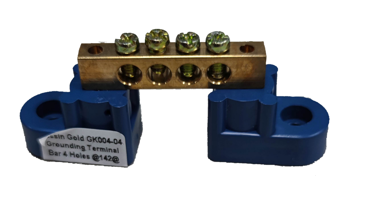 Grippes Grounding Bus Bars 4 Holes brass terminal with blue insulating mounts for electrical circuitry