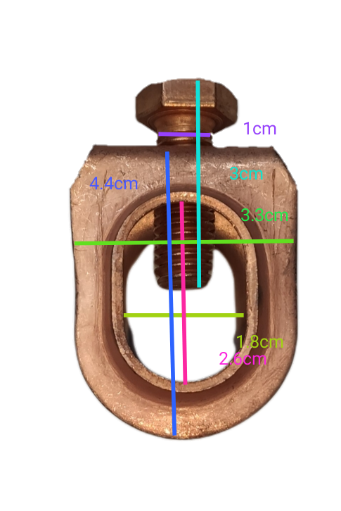 copper plated grounding rod 1 meter clamp connector close up with measurement markings on black background
