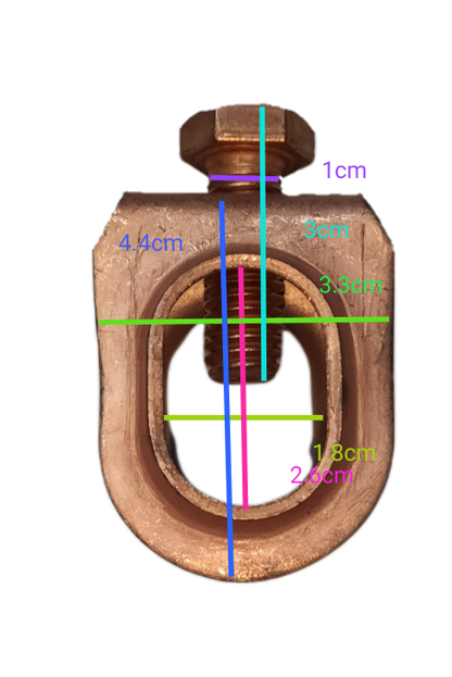copper plated grounding rod 1 meter clamp connector close up with measurement markings on black background