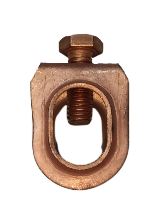 Close up copper clamp connector with hex bolt for copper plated grounding rod 1 meter installation