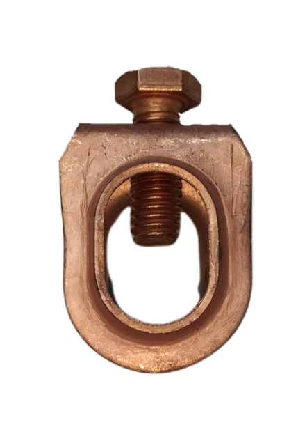 Close up copper clamp connector with hex bolt for copper plated grounding rod 1 meter installation