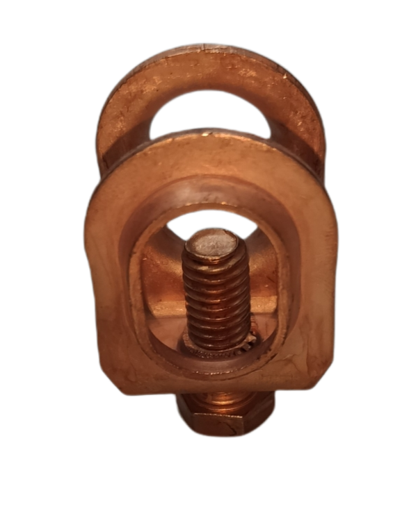 Local copper grounding clamp close up with bolt and nut for copper plated grounding rod 1 meter installation