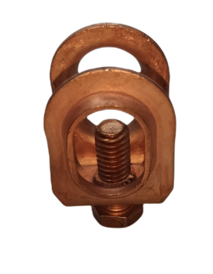 Local copper grounding clamp close up with bolt and nut for copper plated grounding rod 1 meter installation