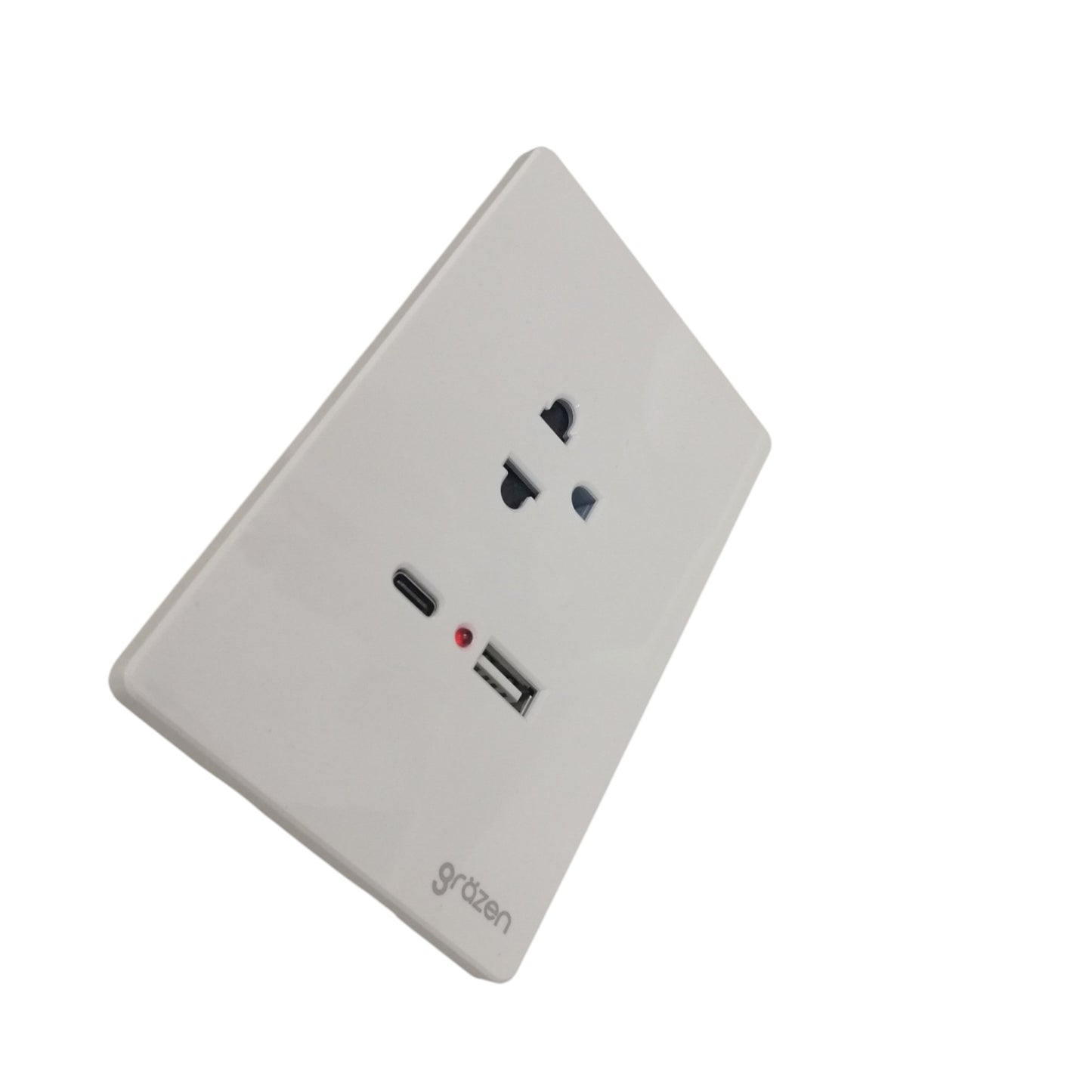 Grazen 1 gang outlet with USB-C and USB-A in white for convenient charging and power supply