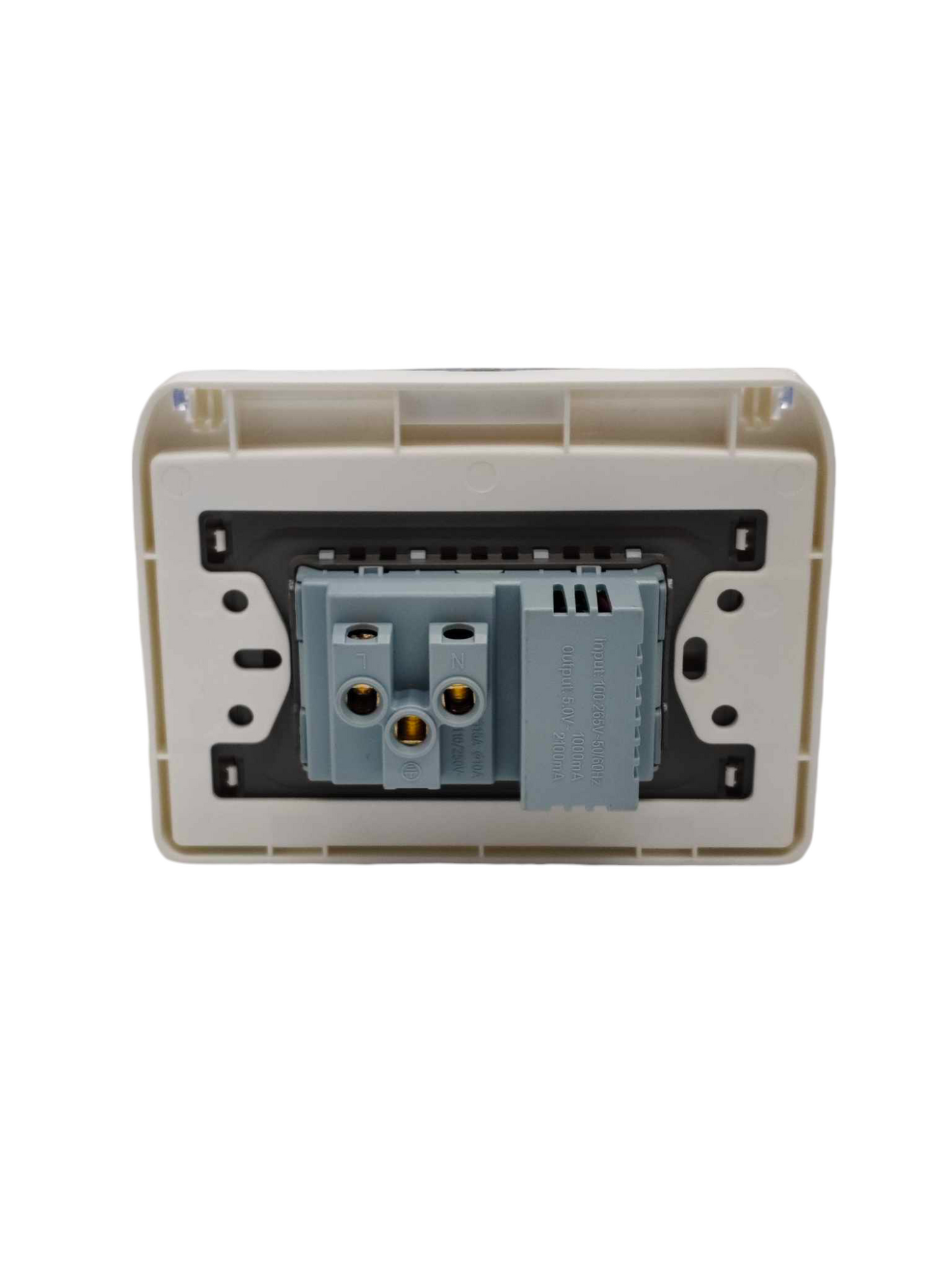 Grazen universal outlet with USB-C and USB-A back view showing wiring connections and mounting frame