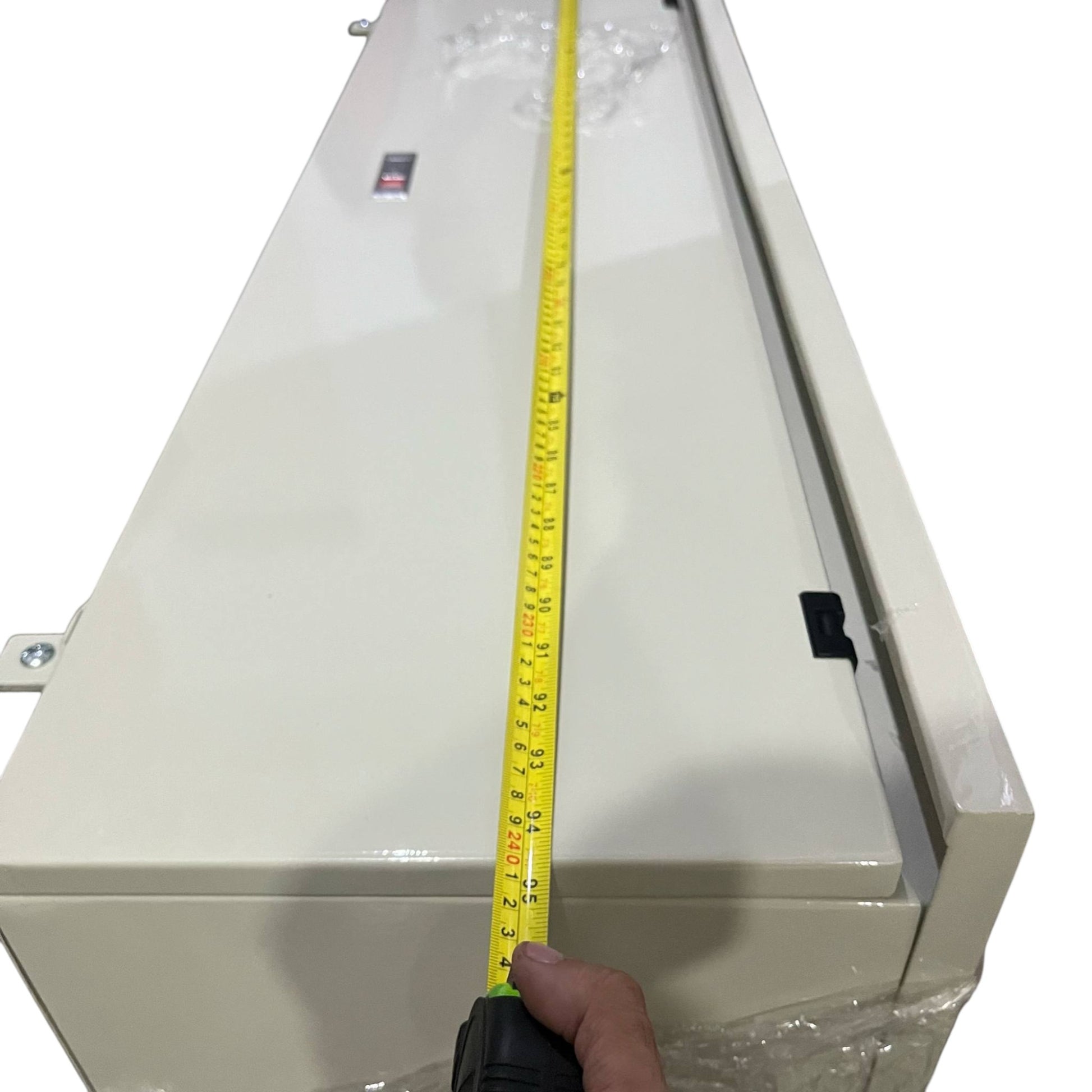 Local panel board with yellow measuring tape showing dimensions for Gutter 2400mm x 350mm x 300mm