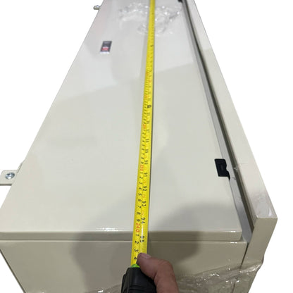 Local panel board with yellow measuring tape showing dimensions for Gutter 2400mm x 350mm x 300mm