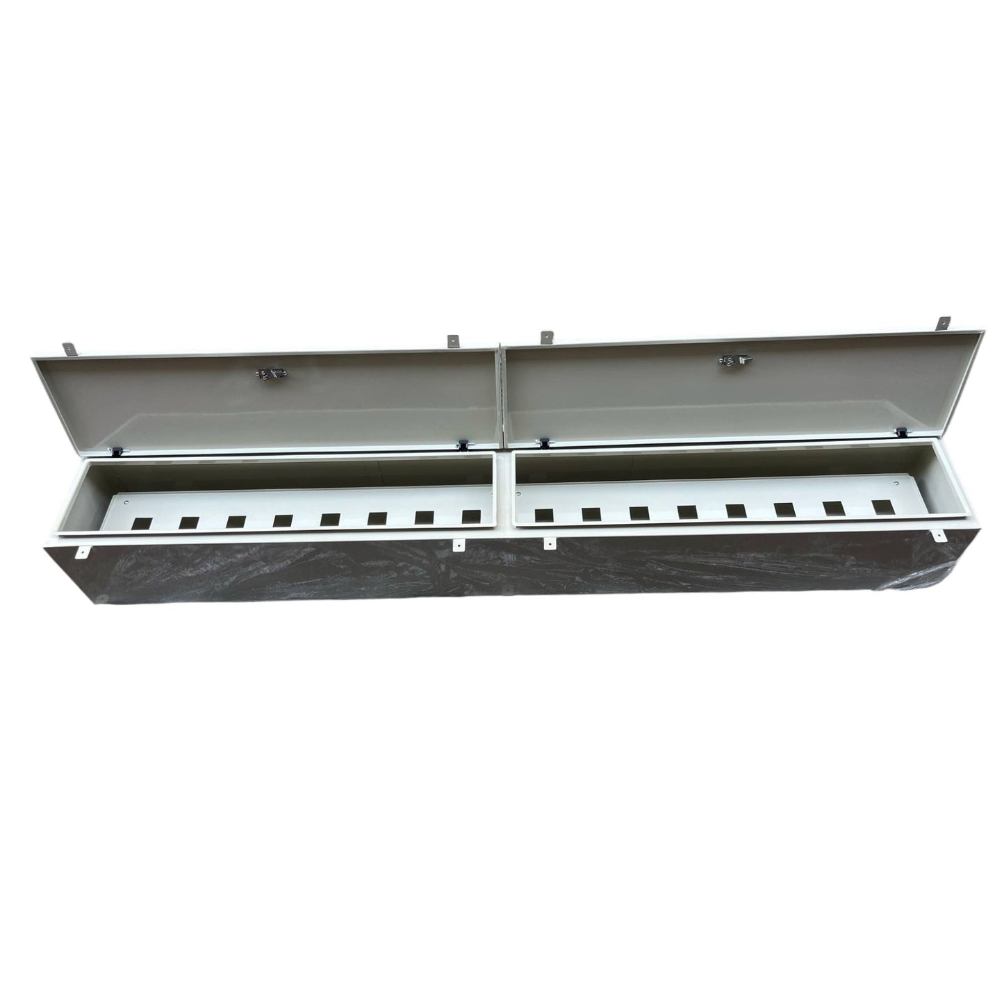 Local panel board Gutter 2400mm x 350mm x 300mm with open lids showing internal compartments