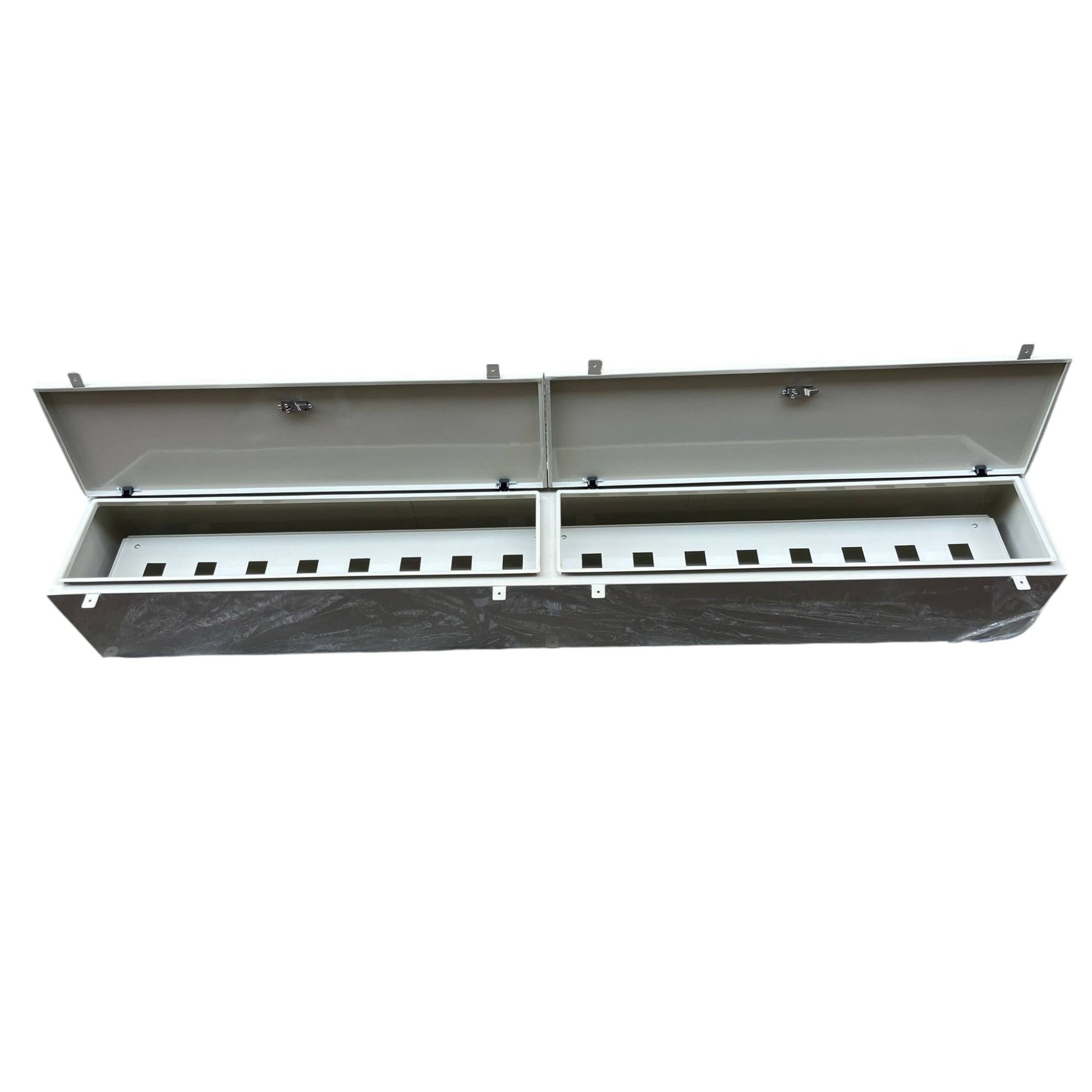 Local panel board Gutter 2400mm x 350mm x 300mm with open lids showing internal compartments