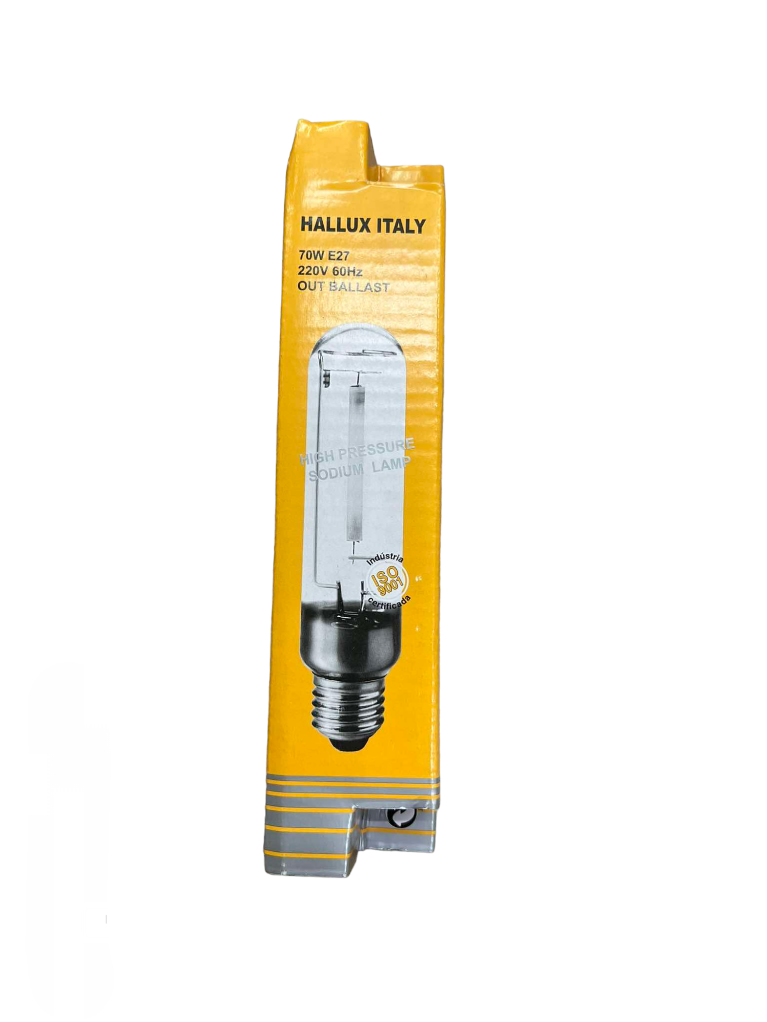 Hallux 70W High Pressure Sodium E27 bulb in yellow packaging for high intensity discharge lighting