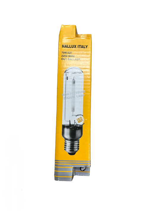 Hallux 70W High Pressure Sodium E27 bulb in yellow packaging for high intensity discharge lighting