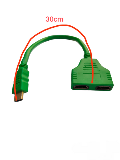 Green HDMI splitter 1 to 2 cable, 30cm long, for connecting multiple devices easily