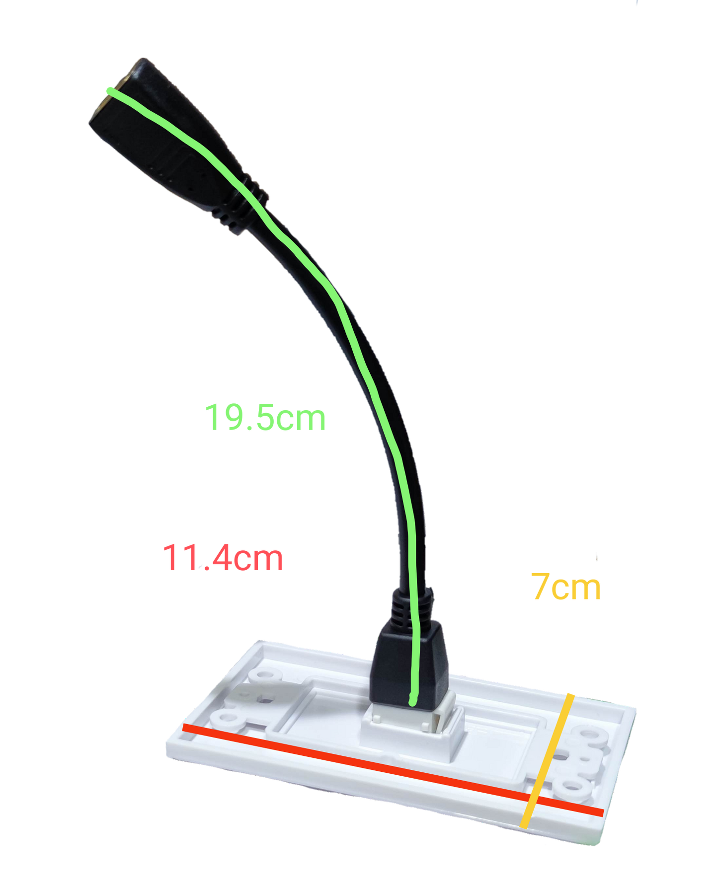 Grippes HDMI wall outlet with cord showing white wall plate and black HDMI connector cable with measurements