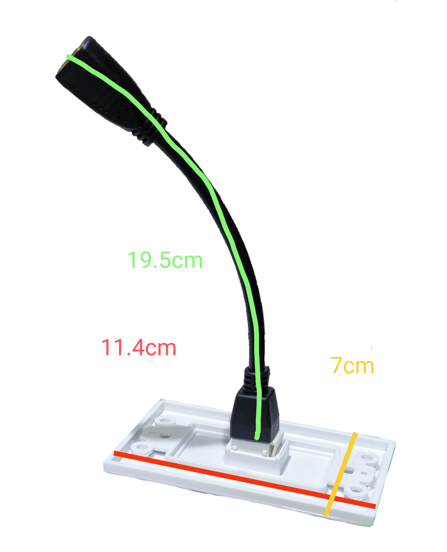 Grippes HDMI wall outlet with cord showing white wall plate and black HDMI connector cable with measurements