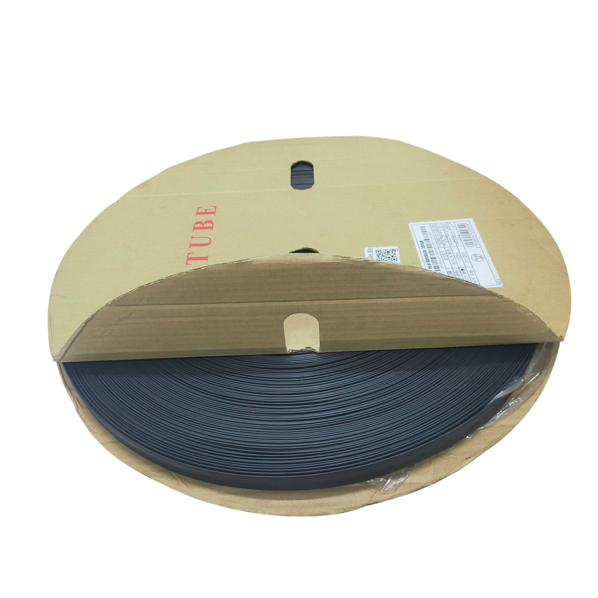 Roll of black Heat Shrinkable Tube Black cable management tubing from China in cardboard packaging