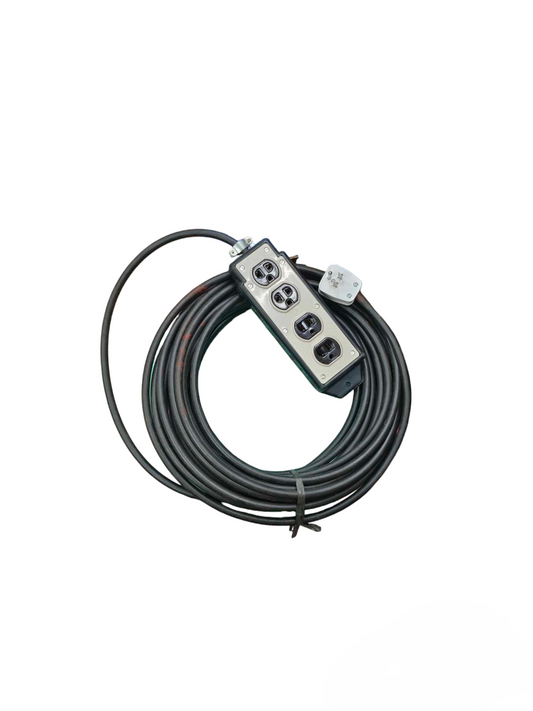 Omni 4 gang heavy duty extension cord with four outlets and long black cable for industrial use