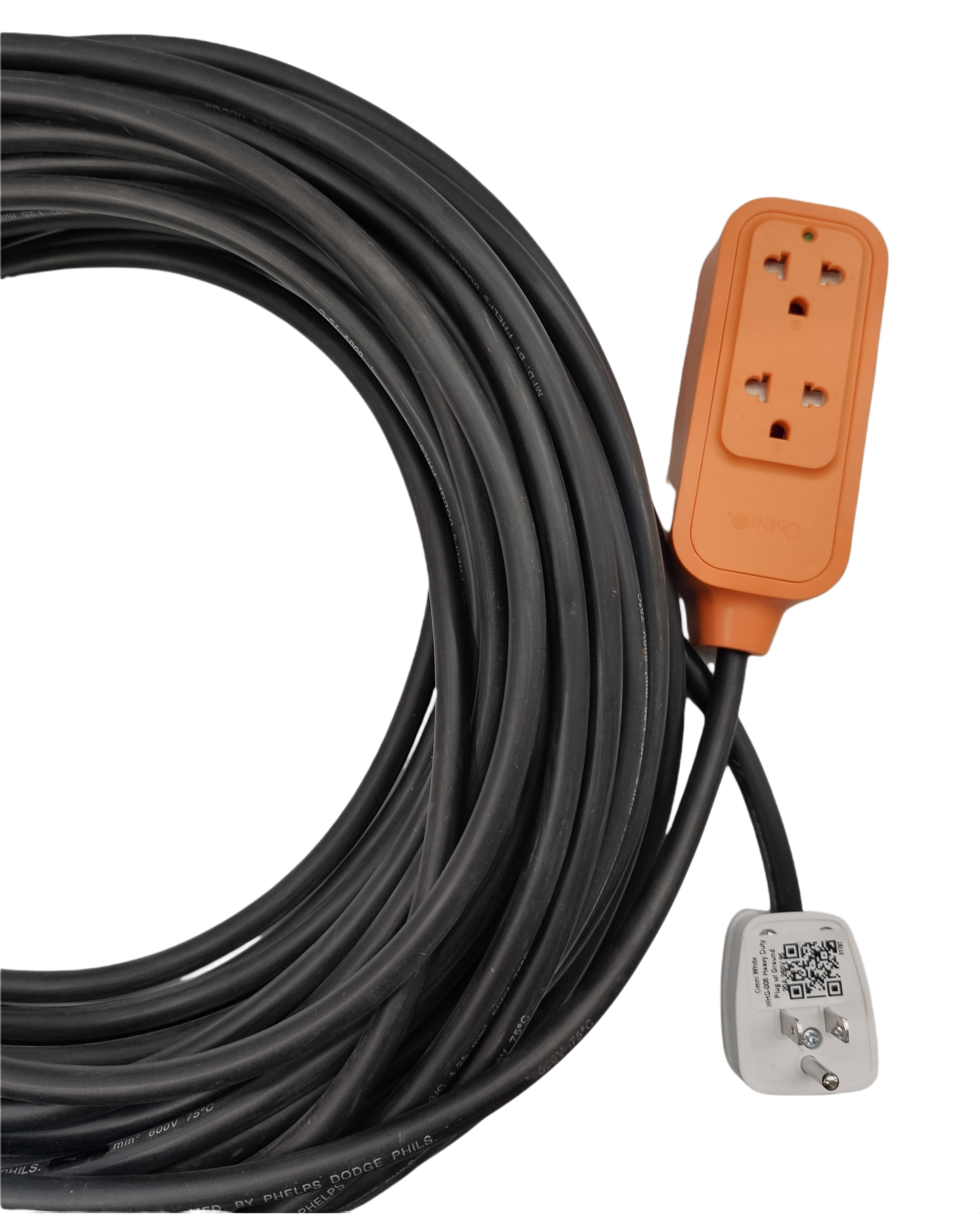 Omni & Phelps Dodge heavy duty extension cord 15A with multiple orange outlets and long black cable