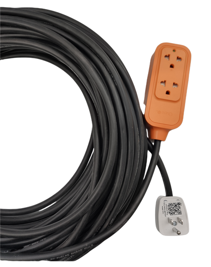 Omni and Phelps Dodge heavy duty extension cord 15A with orange power strip and long black cable