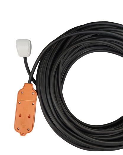 Heavy duty extension cord 15A with orange outlet and long black cable for industrial use