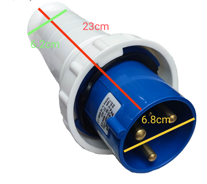 Grippes heavy duty industrial outlet plug with blue and white body and three gold pins
