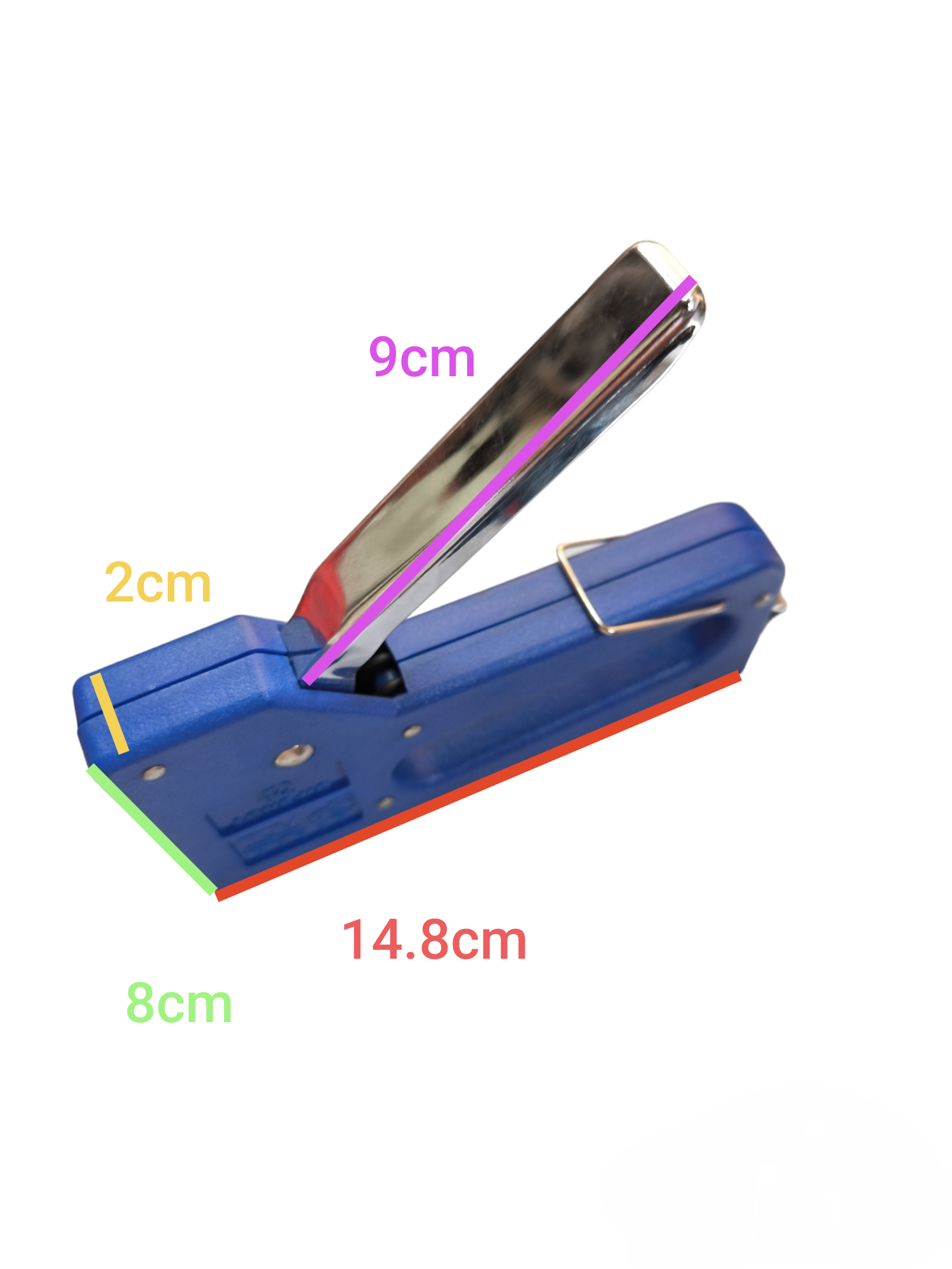 Heavy duty manual staple gun in blue with measurements for precision and durability