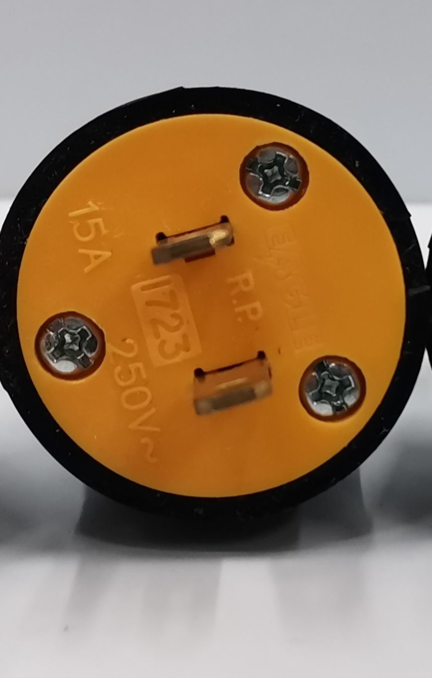 Eagle heavy duty rubber plug 15A with orange face and three metal prongs for power connections