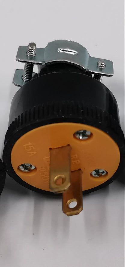 Eagle heavy duty rubber plug 15A with black and yellow body and metal grounding clamp