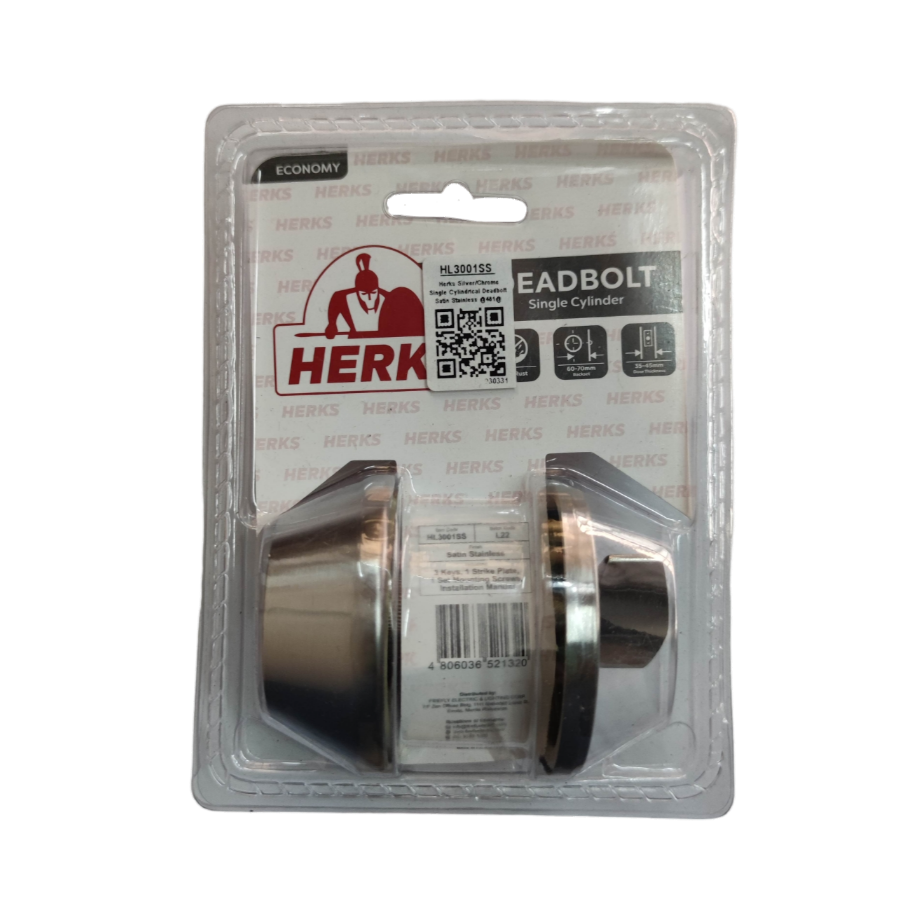 HL3001SS security door lock by Herks featuring a durable single cylinder design in a clear packaging