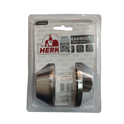 HL3001SS security door lock by Herks featuring a durable single cylinder design in a clear packaging