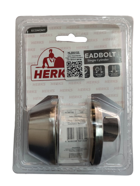 HL3001SS security door lock by Herks featuring a durable single cylinder design in a clear packaging