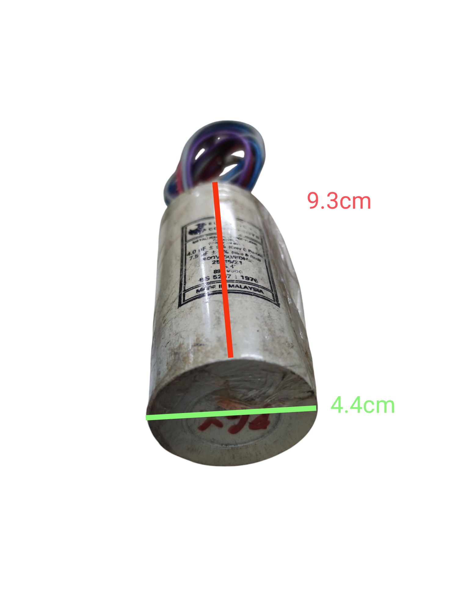SH high voltage dual capacitor 400V with dimensions of 9.3cm height and 4.4cm diameter for laundry appliances