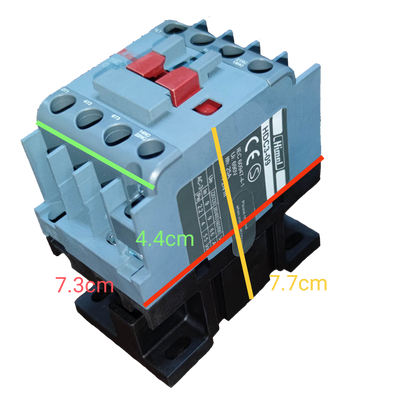 Himel magnetic contactor 9A 220V showing size measurements and control buttons for electrical applications