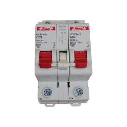 Himel two pole white manual transfer switch 63A dual red levers C63 circuit breaker with interlock