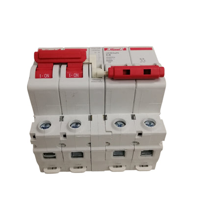 Himel white 4 pole DIN rail circuit breaker with red toggles MTS breaker 4A for industrial use.