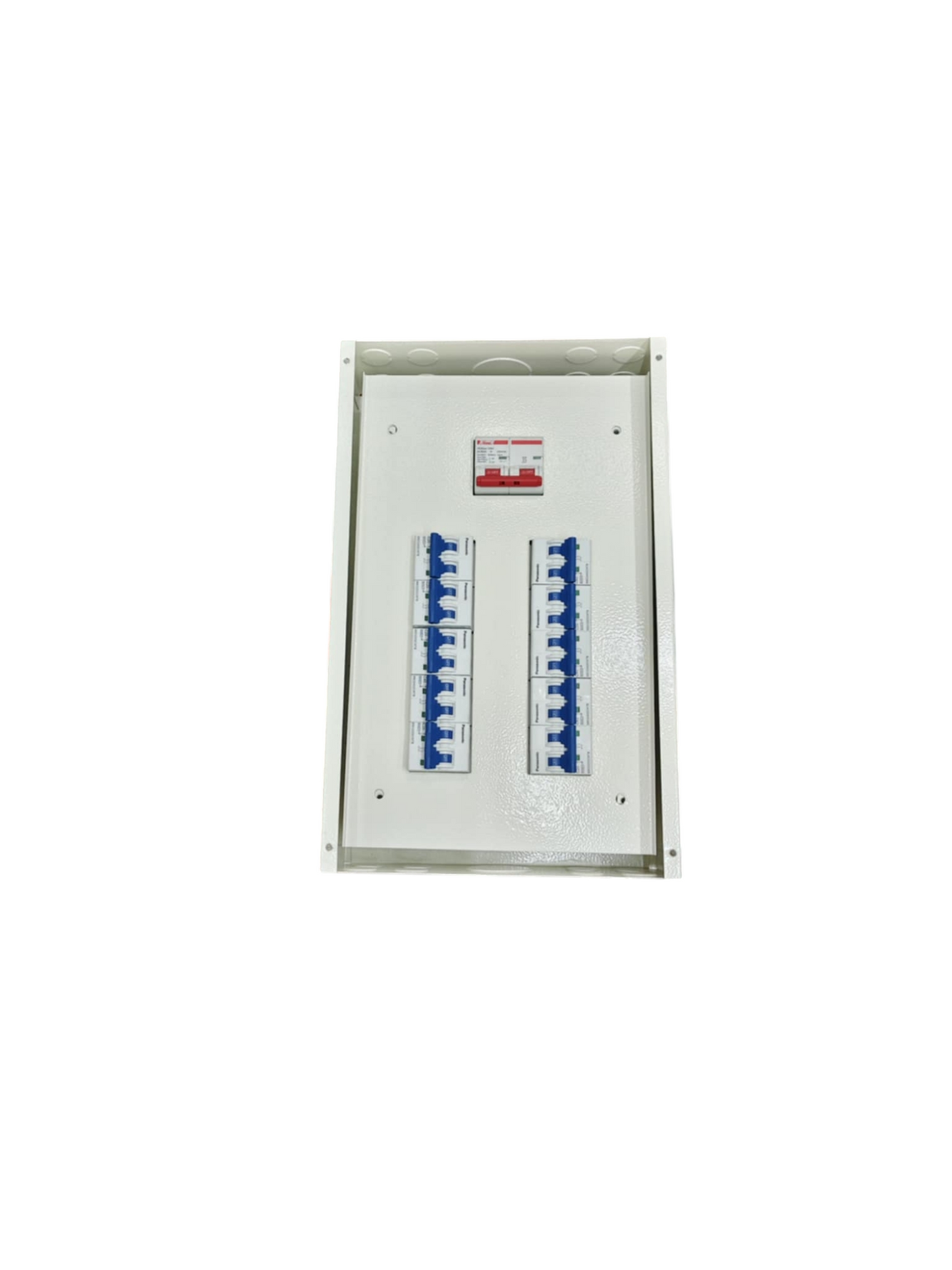 White metal distribution board with two rows of blue breakers and red main switch 100A panel board with Himel MCB