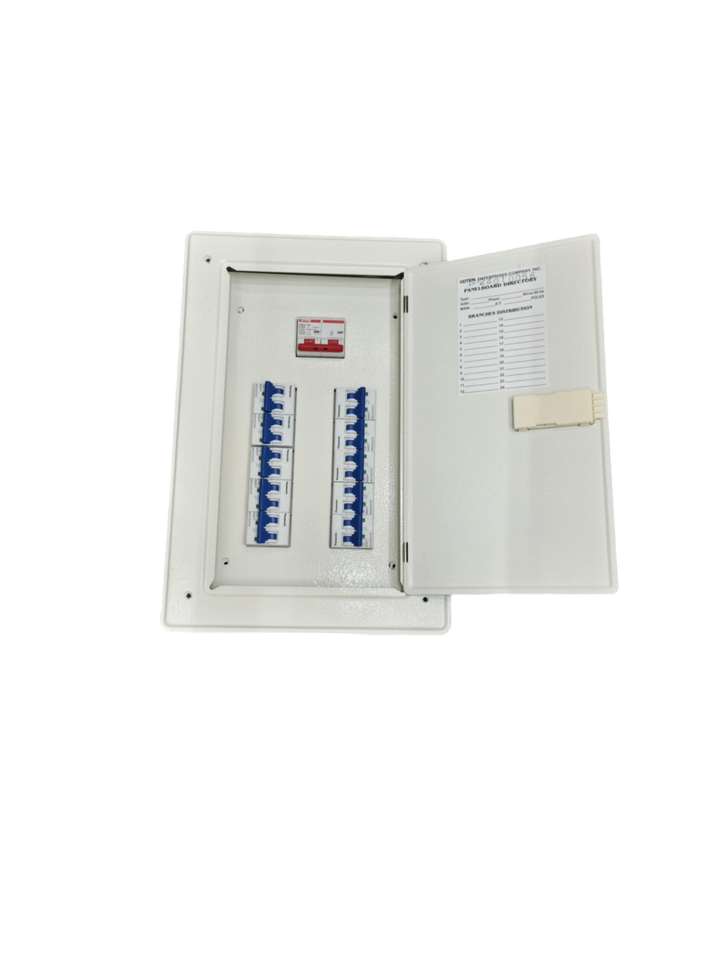 White electrical distribution box open showing rows of blue Himel breakers and label 100A panel board with Himel MCB.