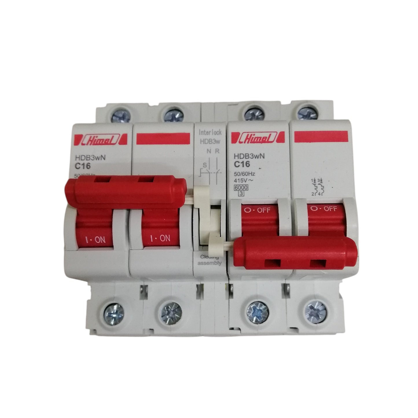 Himel 16A 2 pole MTS breaker white housing with red dual toggle switches for residential protection