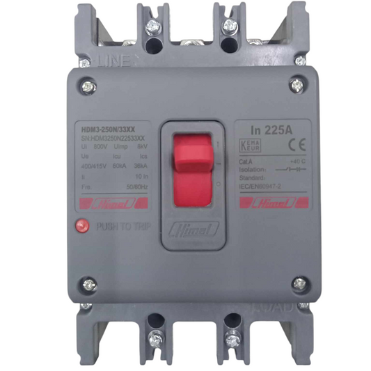 Himel 225A industrial circuit breaker with a red switch for reliable circuit protection and control