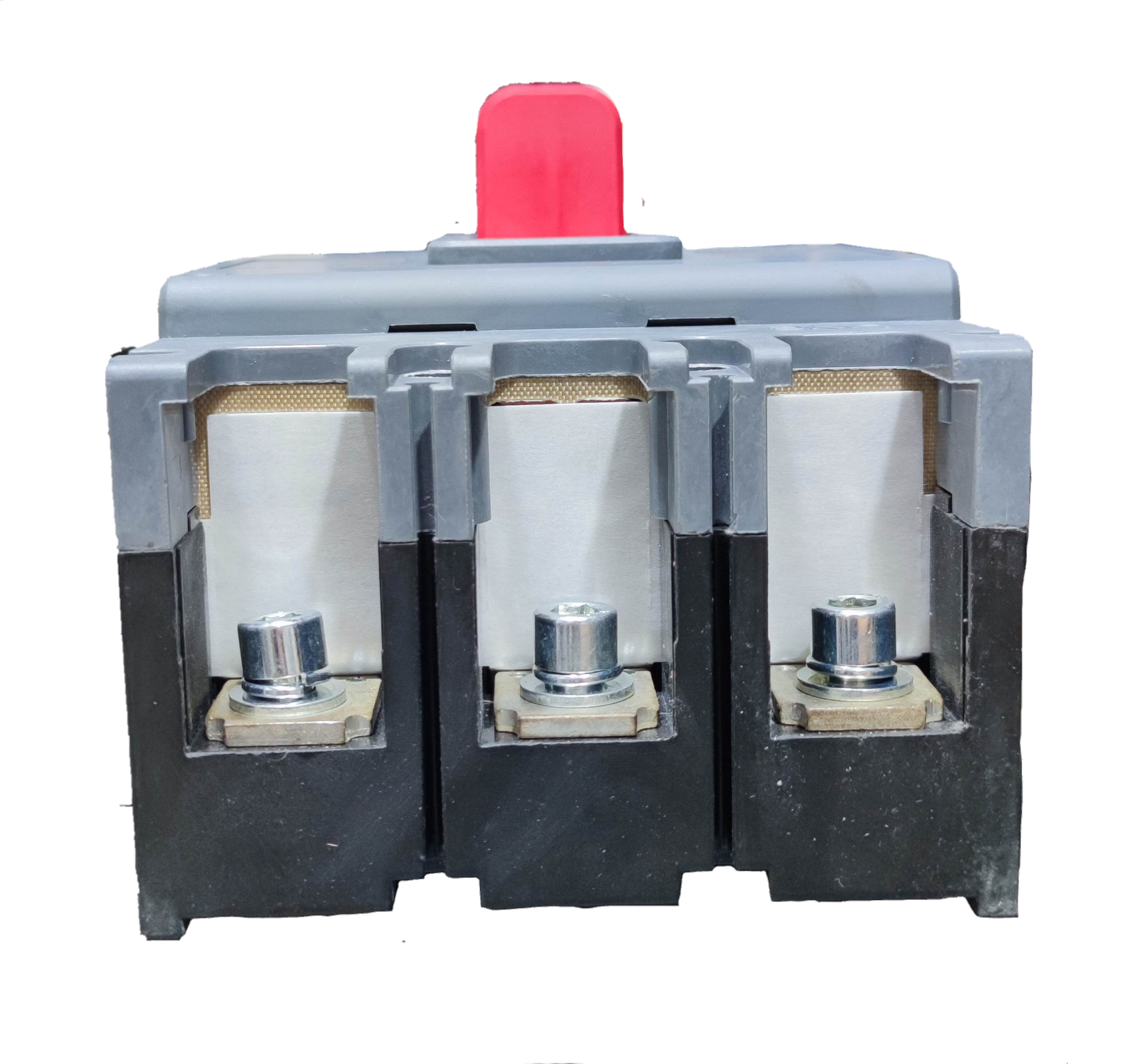 Himel 315A Industrial Circuit Breaker 3 Phase with three metal terminals and red switch