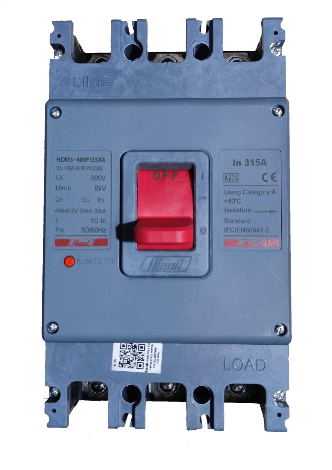 Himel 315A Industrial Circuit Breaker 3 Phase with red switch and gray casing for electrical protection