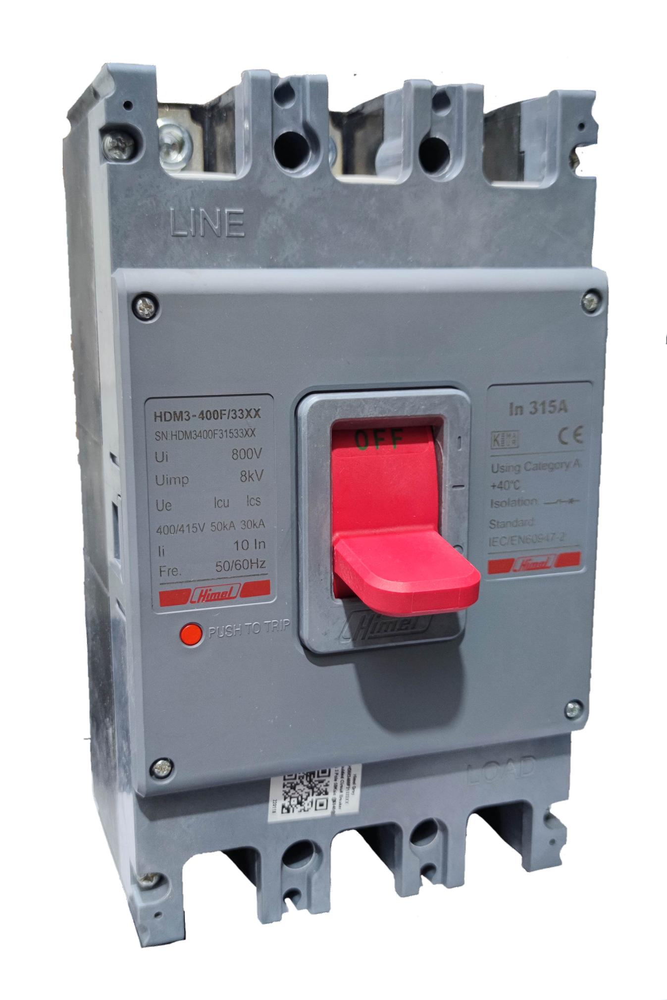 Himel 315A Industrial Circuit Breaker 3 Phase with red switch and gray casing for electrical circuitry