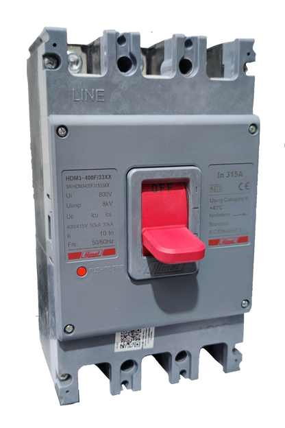Himel 315A Industrial Circuit Breaker 3 Phase with red switch and gray casing for electrical circuitry