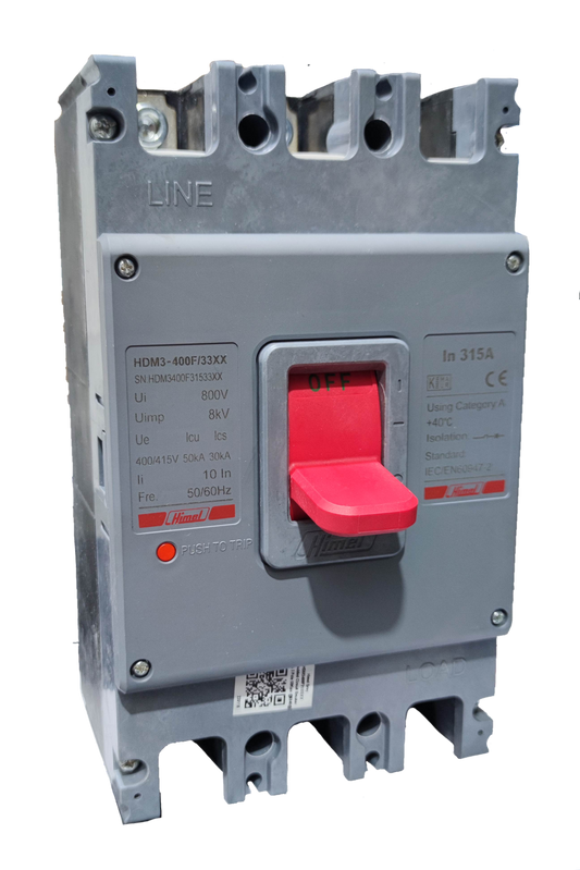 Himel 315A Industrial Circuit Breaker 3 Phase with red switch and gray casing for electrical circuitry